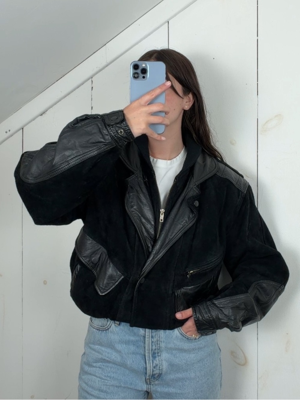 Bermans Black Suede Leather Heavyweight Bomber Jacket Men’s Small Plaid Lined